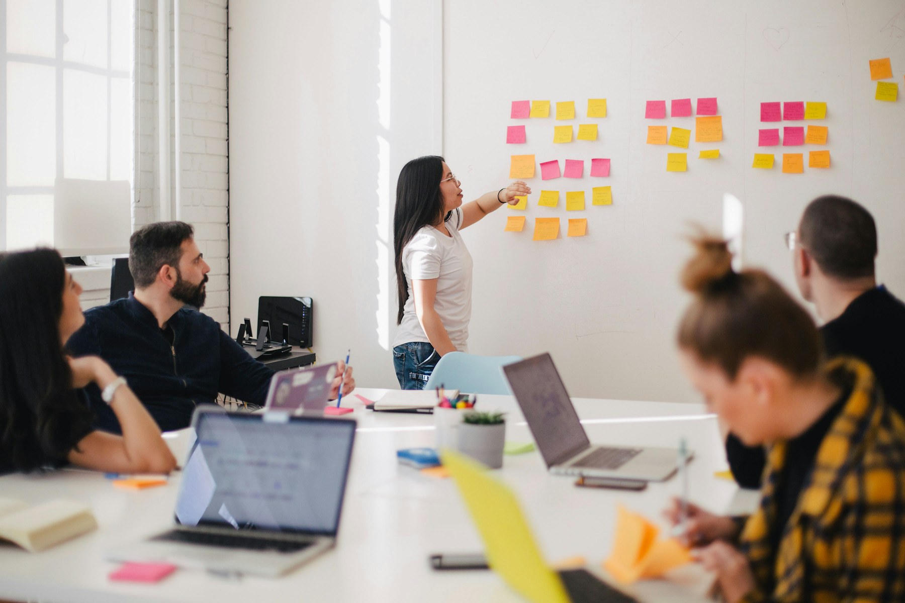 A team mapping a business process with notes on a wall